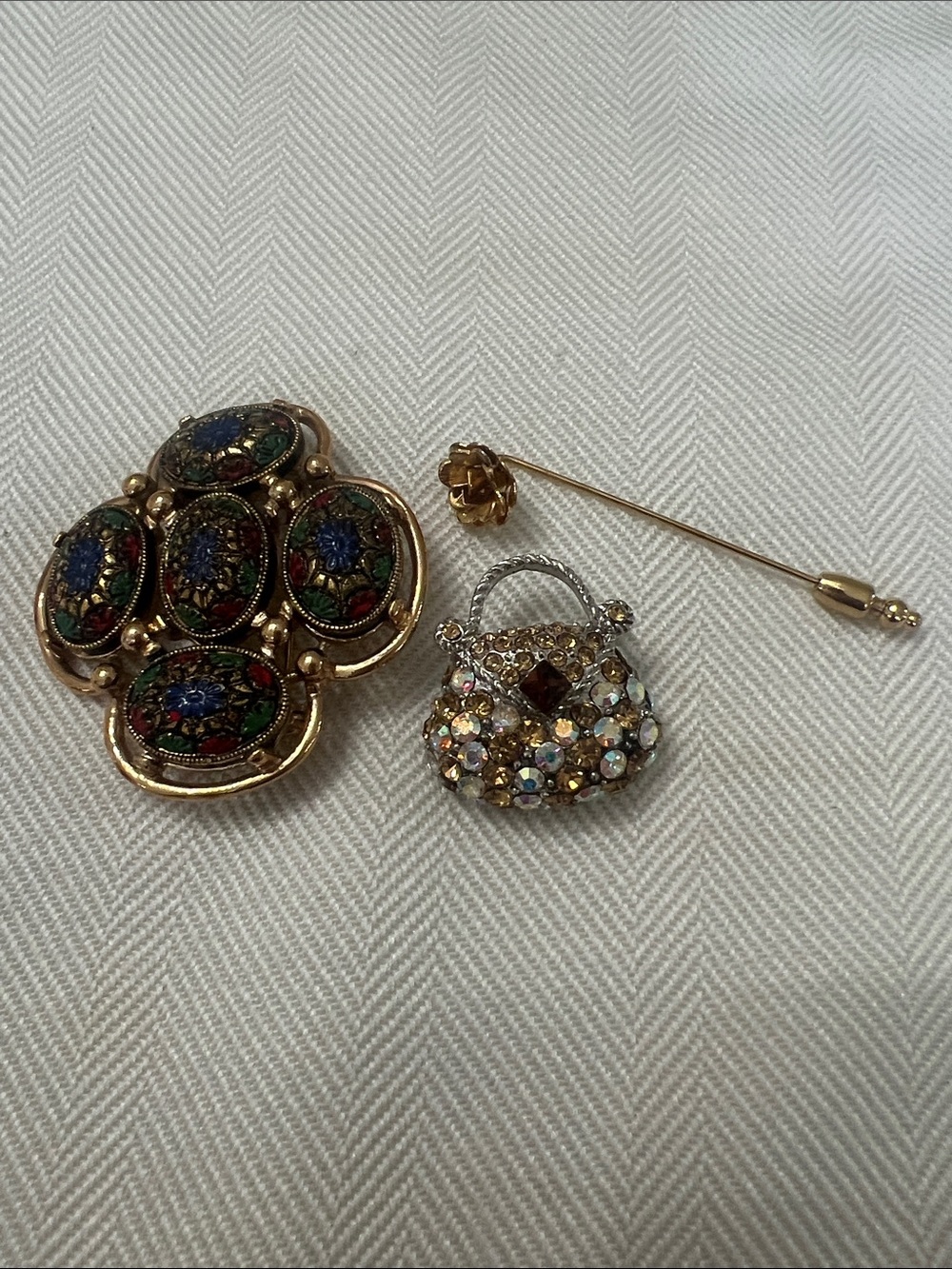 Gold-Tone Multicolor Floral Cloisonné Brooch and Crystal Handbag Pin Set